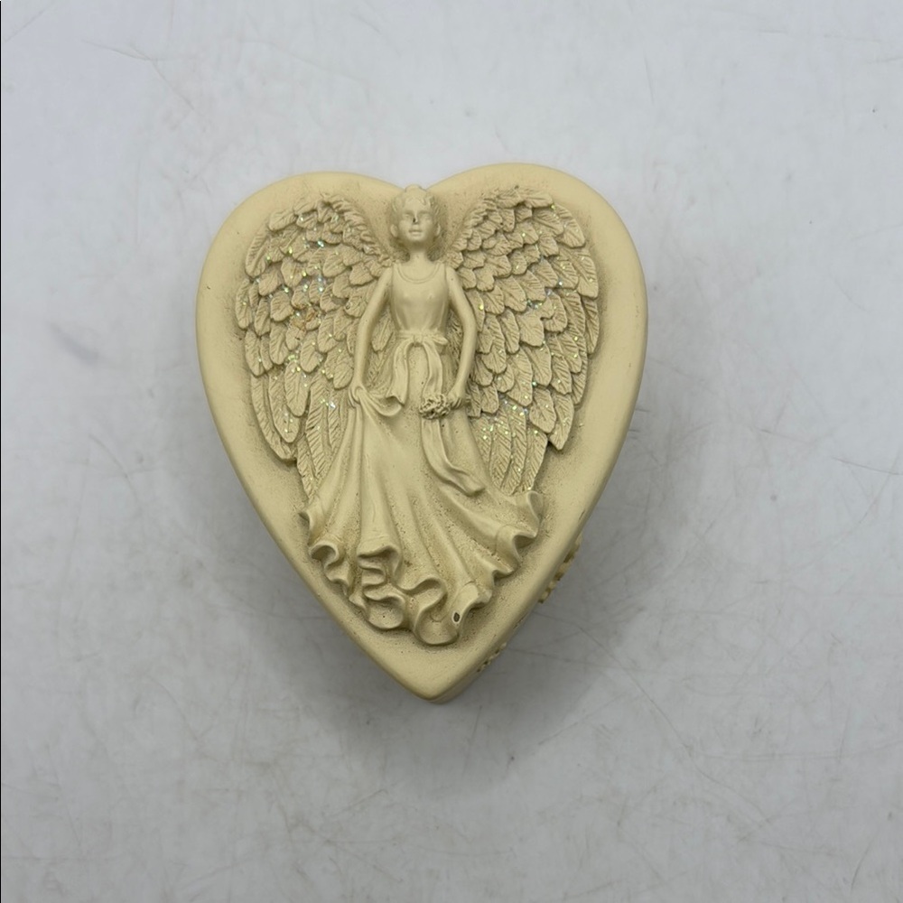Heart Shaped Angel Trinket Box Jewelry Wishing Box Cream Engraved Floral